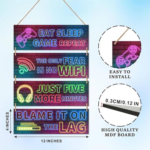 4 Pieces Neon Gaming Wood Sign Wall Decor, Video Game Wall Art Gamer Hanging Plaques For Playroom, Boys, Teenagers, Kids Bedroom Decorations - C03 in Saudi Arabia