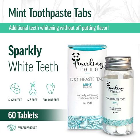 Travel Toothpaste Tablets, Chewable Charcoal Whitening Tabs, No Water Required Perfect Traveling Essentials for On The Go Teeth Brushing, Vegan and No Sugar, Mint 60 Tablets in Saudi Arabia