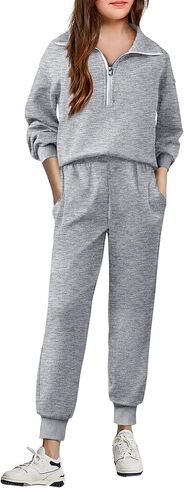 Arshiner الفتيات 2 قطعة وتتسابق مجموعة ملابس رياضية نصف البريدي التلبيب الياقة طويلة الأكمام البلوز Sweatpant مجموعات رياضية in Kuwait