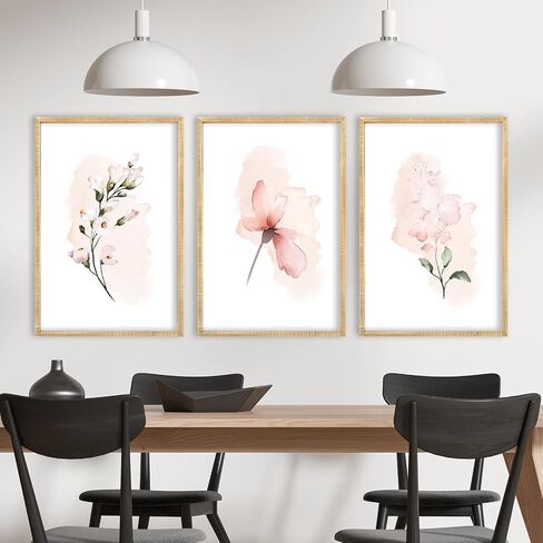 Set Of 3 Botanical Floral Wall Decor Art 16"X11" Rustic Pink Flowers Abstract Watercolour Wooden Framed Sign Bedroom Above Bed Modren Home Living Room Minimalist Aesthetic Wall Hang (Wood) in Saudi Arabia