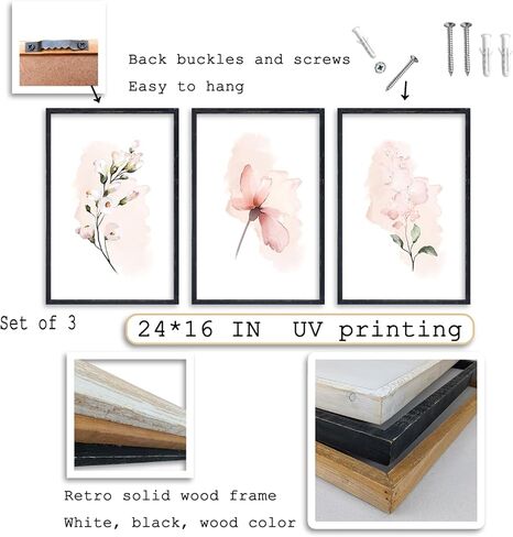 مجموعة من 3 لوحات فنية لتزيين الحائط من الزهور النباتية مقاس 40.64 سم × 27.94 سم زهور وردية ريفية مجردة بألوان مائية خشبية مؤطرة لغرفة النوم فوق السرير وغرفة المعيشة المنزلية الحديثة وتعليق الحائط الجمالي البسيط (الخشب) in Kuwait