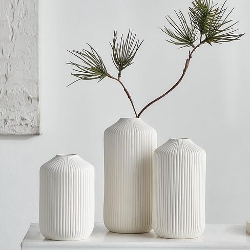 Octdays White Ceramic Vase Decor: Modern Boho Vase Set of 3 for Home Decor Minimalist Decorative Vase Texture Vases for Living Room Centerpiece Table Office Entryway Decoration in Saudi Arabia