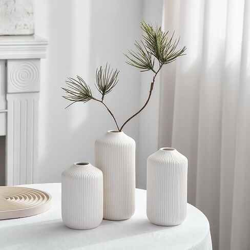 Octdays White Ceramic Vase Decor: Modern Boho Vase Set of 3 for Home Decor Minimalist Decorative Vase Texture Vases for Living Room Centerpiece Table Office Entryway Decoration in Saudi Arabia