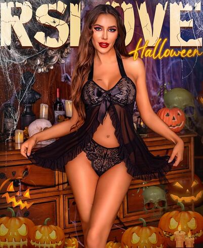 RSLOVE Lingerie for Women Lace Babydoll - Sexy Lingerie Open Front Sleepwear Halter Nightwear Ruffle Trim Chemise in Saudi Arabia