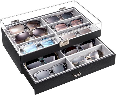 ProCase 12 Slots Acrylic Clear Top Sunglass Organizer, 2 Layers Eyeglasses Case Multi Pairs Storage Eyewear Display Holder with Transparent Lid and Drawer -Black in Saudi Arabia