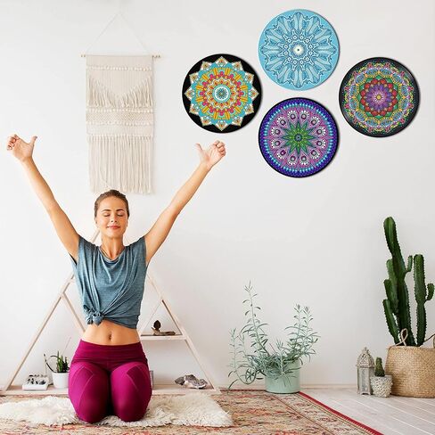لوحة فنية جدارية من HK Studio، ديكور حائط ماندالا PVC مقاس 11.4 بوصة، عبوة من 4 قطع، ديكور معلق على الحائط للمسكن، زن، بوهو، هيبي، ديكور غرفة جمالي in Kuwait