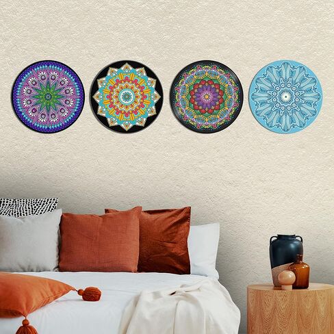 لوحة فنية جدارية من HK Studio، ديكور حائط ماندالا PVC مقاس 11.4 بوصة، عبوة من 4 قطع، ديكور معلق على الحائط للمسكن، زن، بوهو، هيبي، ديكور غرفة جمالي in Kuwait
