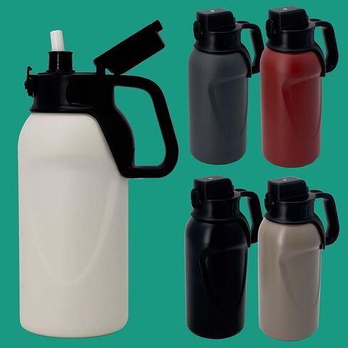 زجاجات مياه معزولة بفراغ من الفولاذ المقاوم للصدأ بجدار مزدوج سعة 46oz سعة 1.3 لتر مع قش وحزام قابل للتعديل، مقصف معدني كبير للرياضة واللياقة البدنية والتخييم والتمرين في الهواء الطلق، حاوية البيرة الهادر in Saudi Arabia