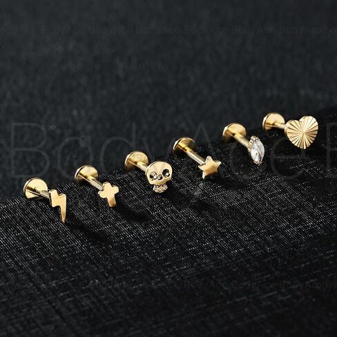 BodyAce Gold F136 Titanium Body Piercing Studs, Internally Threaded Flat Back Cartilage Earring Studs with Piercing Taper, 16G Labret Lip Ring Conch Tragus Stud in Kuwait
