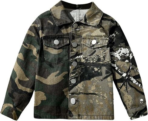 WDIRARA Boy's Camo Print Button Front Denim Jacket Casual Long Sleeve Outerwear Coat in Saudi Arabia