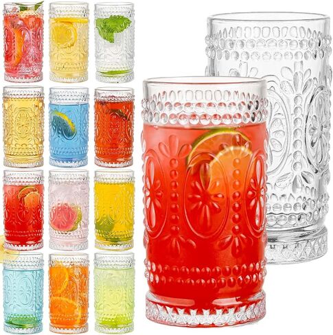 أكواب الشرب العتيقة، 12 قطعة من أكواب Highball الرومانسية، أكواب زجاجية سعة 15 أونصة، أكواب زجاجية طويلة المياه، أكواب موهيتو، زجاج الكوكتيل، مجموعة أواني زجاجية عتيقة للعصير والكوكتيل والويسكي in Saudi Arabia