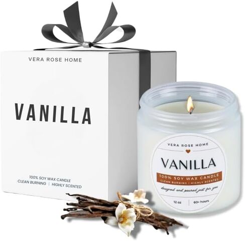 Vera Rose Home Vanilla Scented Soy Candle Long Burning Candles 60+ Hours White Candle Clean Burning Natural Scented Candle - Vegan Candle Safe for and Pets - 12oz Jar Candles in Saudi Arabia