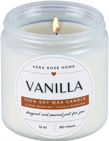 Vera Rose Home Vanilla Scented Soy Candle Long Burning Candles 60+ Hours White Candle Clean Burning Natural Scented Candle - Vegan Candle Safe for and Pets - 12oz Jar Candles in Saudi Arabia
