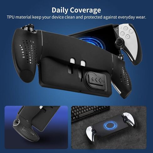 غطاء واقٍ متوافق مع Playstation Portal، جراب صلب من مادة TPU الناعمة غير القابلة للانزلاق مع مسند وغطاءين لمقبض الإبهام متوافق مع ملحقات وحدة التحكم عن بعد لـ PS Portal - أسود in Kuwait