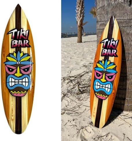 ديكور جداري من النحاس الأصفر مقاس 19 ¾ بوصة Tiki Bar Surfboard Wall Décor - خشب صلب شديد اللمعان مع رأس / قناع Tiki ملون in Kuwait