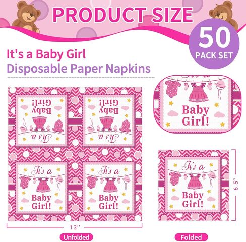 مناديل DYLIVeS Pink It's a Baby Girl، مناديل عشاء لحفلات استقبال المولود الجديد، مناديل ورقية للاستعمال مرة واحدة لغداء كوكتيل من أجل ديكورات حفلات استحمام الطفلة، لوازم الكشف عن الجنس، 50 عبوة، 3 طبقات in Saudi Arabia
