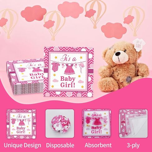 مناديل DYLIVeS Pink It's a Baby Girl، مناديل عشاء لحفلات استقبال المولود الجديد، مناديل ورقية للاستعمال مرة واحدة لغداء كوكتيل من أجل ديكورات حفلات استحمام الطفلة، لوازم الكشف عن الجنس، 50 عبوة، 3 طبقات in Saudi Arabia