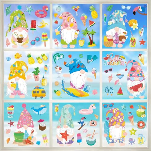 ملصقات نافذة الصيف، ملصقات نافذة جنوم الليمون، ملصقات نافذة صيفية مرحبًا للنوافذ الزجاجية، قابلة للإزالة مزدوجة الجوانب، زجاج PVC ثابت، لوازم حفلات الشاطئ وديكور العطلات (9 ورقات) in Kuwait