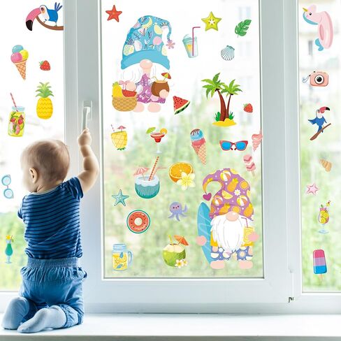 ملصقات نافذة الصيف، ملصقات نافذة جنوم الليمون، ملصقات نافذة صيفية مرحبًا للنوافذ الزجاجية، قابلة للإزالة مزدوجة الجوانب، زجاج PVC ثابت، لوازم حفلات الشاطئ وديكور العطلات (9 ورقات) in Kuwait