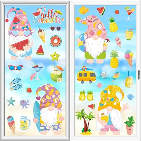 ملصقات نافذة الصيف، ملصقات نافذة جنوم الليمون، ملصقات نافذة صيفية مرحبًا للنوافذ الزجاجية، قابلة للإزالة مزدوجة الجوانب، زجاج PVC ثابت، لوازم حفلات الشاطئ وديكور العطلات (9 ورقات) in Kuwait