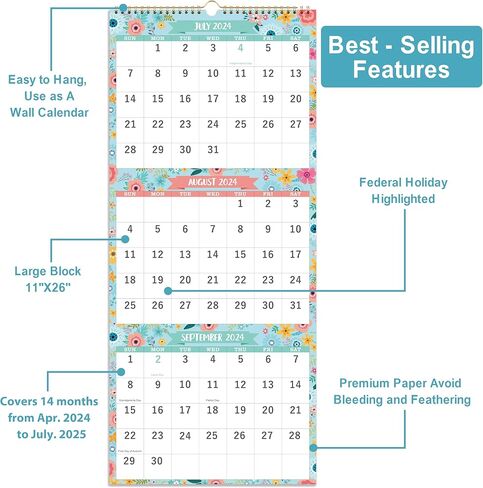 تقويم الحائط 2024-2025 - 2024-2025 تقويم الحائط من يوليو 2024 إلى ديسمبر 2025، تقويم 2024-2025 مع التاريخ اليولياني، 14.75 بوصة × 11.5 بوصة، ورق سميك in Kuwait