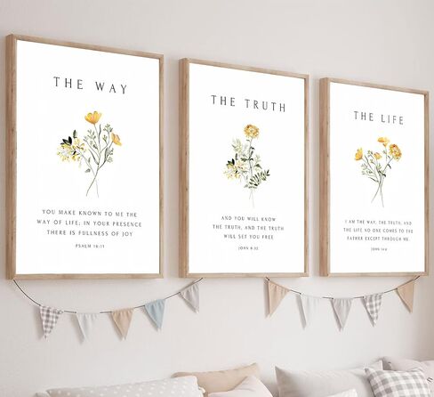 3Pcs Christian Bible Verse Floral Canvas Wall Art PicturesThe Way,The Truth,The Life Posters Prints Minimalist Botanical Painting Scripture Wall Decor for Living Room Bedroom 12x16in Unframed in Saudi Arabia