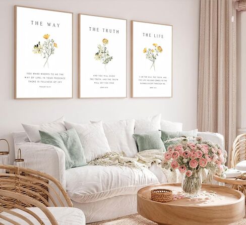 3Pcs Christian Bible Verse Floral Canvas Wall Art PicturesThe Way,The Truth,The Life Posters Prints Minimalist Botanical Painting Scripture Wall Decor for Living Room Bedroom 12x16in Unframed in Saudi Arabia