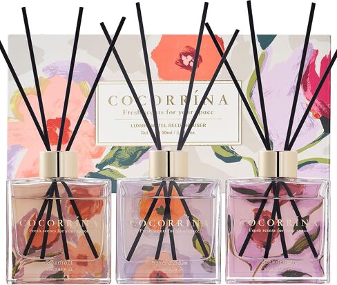 COCORRÍNA Reed Diffuser Set of 3-3 Pack/ 3.04 Fl.oz Diffuser with 24 Sticks Warm Vanilla/Cherry Blossom/Lavender Thyme Reed Diffuser for Home Bathroom Office Shelf Decor in Kuwait