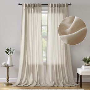Dreaming Casa White Linen Semi Sheer Curtains 96 inches Long, Light Filtering Curtains Sheer Rod Pocket & Back Tab, Soft Window Privacy Drapes Living Room Bedroom, 2 Panels Set, Each W52 x L96