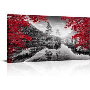KREATIVE ARTS Autumn Forest by Lake Canvas Art - 20x40 Inch Black, White, and Red Wall Art, Fall Landscape Giclee Painting, Modern Decor for Living Room, Kitchen, Home, Framed and Ready to Hang