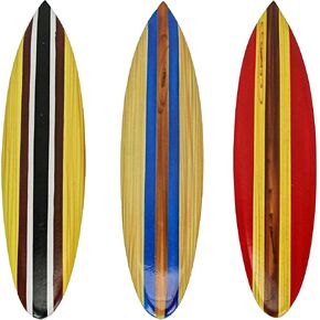 Zeckos Set of 3 Handcrafted Wood Surfboard Wall Sculptures: Red, Blue, Brown Racing Stripes, Each 16 Inches Long - Easy Install - Perfect for Beach-Themed Home Décor