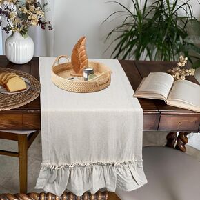 yuboo Farmhouse Ruffle Table Runner, Cotton Shabby Chic Dresser Runners for Bedroom, Dining Room, End Table, Natural Table Runners 12x54 Inches Rustic Fall Table Decor