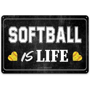 Softball is Life - Retro Metal Wall Sign with Heart Softball - Black and White Sports Wall Decor for Softball Lovers - 12 x 8 in