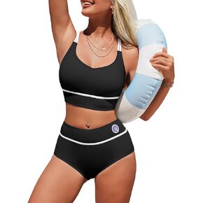 طقم بيكيني نسائي عالي الخصر من Charmo، ملابس سباحة رياضية مكونة من قطعتين، ألوان متعددة، تغطية كاملة، ملابس سباحة in Kuwait