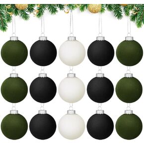 15 Pcs Velvet Christmas Balls Bulk, Flocked Christmas Tree Ball Ornaments 2.36 Inch Shatterproof Plastic Hanging Balls for Xmas Tree Family Wedding Decorations (Black,White,Brown)