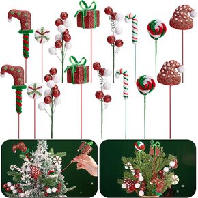 RunNico 16 Pcs Christmas Candy Tree Sticks - Red White Green Christmas Tree Sticks Ornaments - Santa Hat Candy Cane Berry Gift Tree Picks for Xmas Wreath Crafts Vase Party Supplies