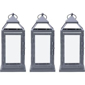 Elements Metal Lanterns with LED Candles, Set of 3, 5.2x5.2x12 Inch, White