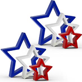 6 PCS Patriotic Wooden Star Sign Table Decor 4th of July Centerpiece Star Tiered Tray Decoration for Independence Day Memorial Day (Red,Blue and White)