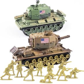 Army Tank and Army Men Toys Playset, 2pc 1:72 US Tank-4 Models & 10pc Toy Soldiers, Olive Drab Green WW2 Military Vehicle for Boys