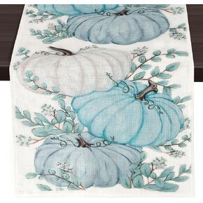Fall Table Runner, Thanksgiving Table Runner 13x72 Inch, Blue Pumpkin Table Runner, Eucalyptus Leave Coastal Fall Decor, Fall Kitchen Dining Table Indoor Decorations for Farmhouse Home Party