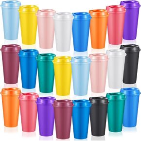 12 Pcs Reusable Coffee Cups with Lids 16 oz Travel Hot Cups Microwavable Plastic Tumblers Cups Coffee Mugs for Hot and Cold Drinks (Bright Colors)