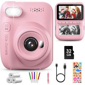 Kids Camera Instant Print, Christmas Birthday Gifts for Girls Boys, 3.0 Inch Screen Kids Instant Cameras for 3 4 5 6 7 8 9 10 Year Old, Portable Toddler Travel/Airplane Toy with 32GB Card(Pink)