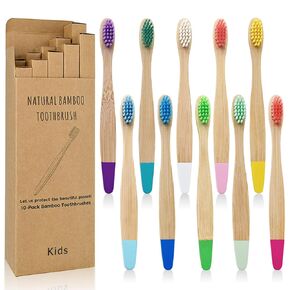 ANXUN Kids Bamboo Toothbrushes 10 Pack, Children Toothbrush Colorful Soft Bristles, Wooden Handle Tooth Brush (Assorted Colors 10 Pack)