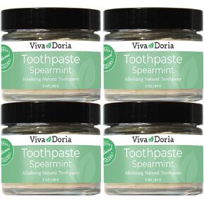 Pack of 4 Viva Doria Natural Toothpaste Fluoride Free Tooth Paste - Spearmint, Refreshes Mouth, Freshens Breath, Keeps Teeth and Gum Healthy, Spearmint Flavor, 3 oz Glass jar