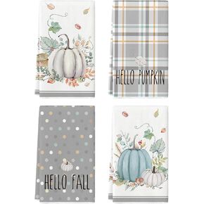 Artoid Mode Blue Watercolor Stripes Hello Pumpkin Fall Kitchen Towels Dish Towels, 18x26 Inch Seasonal Leaves Decoration Hand Towels Set of 4