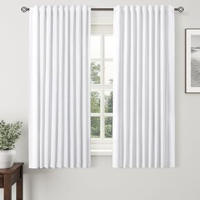 White Black Out Curtains 63 Inch Long for Bedroom Hook Belt Back Tab Thermal Insulated Short Length Linen Blackout Curtains Boho Farmhouse Living Room Darkening Curtains Cotton Textured 52 X 63