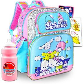 Sanrio Backpack Featuring Cinnamoroll, Keroppi, Little Twin Stars, Pochacco - Bundle with 16" Sanrio School Backpack Plus Water Bottle, Stickers, More | Hello Kitty and Friends School Bag