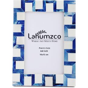 Handmade Bone Picture Frame Chevron Art Inspired Vintage Table-Top/Wall Décor With Real Glass Boho Photo Frames (5x7 Inches, Blue White)