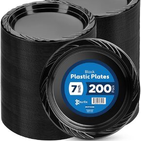 Munfix 200 Black Plastic Plates Set - 7 Inch Plastic Dessert/Salad Plates, Disposable Plates Bulk Pack, Party Plates for BBQ, Picnic, Parties, Travel and Events, Microwavable Recyclable