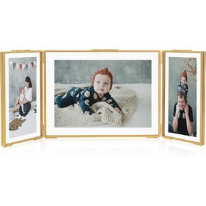 Gold Folding Picture Frame, Triple Hinged 3 Picture Frames for Multi Size Photos,Glass Floating Frames for Artwork Photo Stand on Tabletop